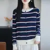 Cárdigan de punto a rayas color block estilo coreano, suéter de otoño e invierno para mujer, prenda exterior corta, algodón puro, cuello redondo, top versátil