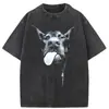 Camiseta Masculina Gótica Estampa de Cachorro com Letras Hip Hop Streetwear Punk Verão Vintage Lavada Oversized Top