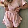 Traje casual de verano 2024 para mujer europeo y americano transfronterizo estampado de hoja de loto de manga corta con cuello redondo y shorts, pijama conjunto de dos piezas