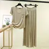 Conjunto de Duas Peças: Camiseta Modal de Gola Redonda com Bolso e Manga Curta + Calça Wide Leg de Cintura Alta com Amarração Novo Conjunto Plus Size