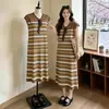 Vestido Bufanda de Seda Rayas Cuello en V Moda Coreana Tallas Grandes para Mujer Verano Estilo Perezoso Adelgazante Cómodo Vestido Camiseta para Gorditas