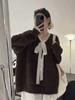 Suéter de Punto con Retazos de Encaje, Cuello en V, Lazos, Manga Larga para Mujer 2026 Otoño e Invierno Nuevo Estilo Estilo Perezoso Suave Holgado Suéter Ins