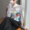 Camiseta básica estampada transfronteriza para mujer, camiseta de manga larga, holgada y favorecedora, tejido ligero de Lyocell, cuello redondo, versátil para primavera y verano
