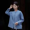 Tops de Algodão e Linho Lavados com Areia Estilo Novo Chinês para Mulheres Estilo Primavera 2025 Roupas Estilo Chinês com Botões de Disco Roupas para Arte do Chá Roupas Zen para Meditação e Tai Chi