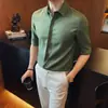 Camisa de verano para hombre de alta gama, cuello de punta, lino sintético, manga media, corte ajustado, casual, transpirable, ligera