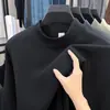 Transmissão ao Vivo Transfronteiriça Elasticidade Veludo Alemão Dupla Face Gola Alta Meia Camiseta Básica Manga Longa Masculina Outono e Inverno Cor Sólida Roupa Térmica