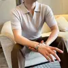 Nueva Camiseta de Hielo de Seda de Verano 2026 de Gama Alta Elegante con Cuello de Gaviota y Diseño Hueco Transpirable, Camisa Polo de Punto de Manga Corta para Hombre