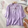 Nueva camisa retro bordada de algodón y lino estilo chino para mujer, nuevo modelo de verano, blusa artística de cinco mangas fina y transpirable
