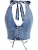 Fornecimento Transfronteiriço Europeu e Americano Gola Halter Alça com Ilhós Lavagem Cruzada Sem Mangas Casual Jeans Top Tipo Regata Justo Estilo Curto