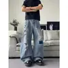 Calça jeans masculina retro americana, calça de perna larga solta afunilada de cintura alta lavada, calça casual de casal reta rasgada comprida