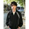 Jaqueta masculina com gola alta de cor contrastante listrada em marrom, jaqueta baseball cleanfit com ombros retos, jaqueta bomber Maillard estilo americano
