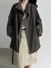 Chaqueta de Piel Sintética con Cordones y Cuello Alto Luxi para Mujer, Nuevo Otoño Vintage Color Café, Gabardina Sofisticada de Longitud Media 3979