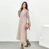 Vestido Tricô Longo de Lã Pura com Manga Longa e Decote V, Acima do Joelho, Novo Vestido Suéter de Outono, Suéter Versátil de Lã Puyuan