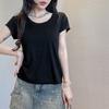 Camiseta de manga corta con hombros descubiertos para mujer, diseño de color sólido de tencel y lyocell, con diseño de viento puro y puro, para primavera y verano