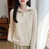 Suéter de Punto de Lana Pura con Media Cremallera y Cuello Alto Estilo Old Money para Mujer, Jersey Grueso Cálido de Otoño e Invierno con Cuello de Punto Trenzado