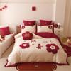 El Amor Es Fuerte, Juego de Cuatro Piezas para Boda Todo Algodón Apto Para la Piel, Bordado Floral Rojo, Ropa de Cama de Boda de Algodón Puro, Funda de Edredón de Boda