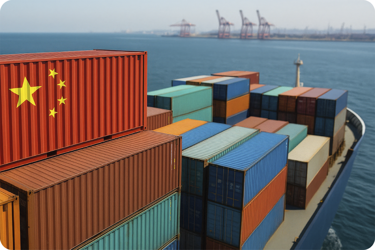 Navio cargueiro com contêineres empilhados, incluindo um com a bandeira da China, representando a importação de produtos chineses para o Brasil
