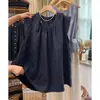 Camiseta de Verano 2026 Estilo Nuevo Cuello Redondo Mangas Acampanadas para Mujer, Top Casual Retro Artístico de Manga Ancha con Adorno de Encaje