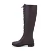 Botas Femininas de Inverno Novas 2025, Modernas e Simples, Bico Redondo, Cadarço Frontal, Salto Quadrado, Salto Baixo, Botas de Cano Alto, Botas, Botas