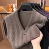 Chaleco de punto jacquard con cuello en V y bolsillo para hombre, chaqueta de punto, chaleco de negocios casual de alta gama para hombres de mediana edad y mayores