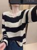 Suéter de manga larga con cuello redondo a rayas para mujer, blusa holgada de color liso, sencilla y combinable, otoño e invierno de 2024