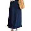 Falda Casual de Color Sólido Azul Oscuro de Moda Versátil para Mujer con Dobladillo de Encaje, Falda Retro Estilo Coreano que Reduce la Edad y Adelgaza