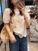 Camisa de manga abullonada con bordado y ribete de encaje estilo coreano para mujer, verano 2026, blanca, corte holgado, adelgazante, elegante top de manga corta
