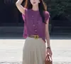 Top de Malha Roxo Gelo Super Estiloso para Mulheres, Novo Lançamento de Verão 2026, Camiseta Versátil de Manga Curta Slim Fit com um Toque Elegante