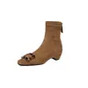 Botines de moda coreana para mujer petite, de gamuza, con hebilla cuadrada, tacón grueso, elásticos y ajustados, de punta cuadrada, color café, tacón medio, para combinar con faldas