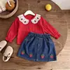 2026 Nuevo Conjunto de Dos Piezas para Niñas Transfronterizo: Blusa con Cuello de Volantes y Parches + Falda Corta de Mezclilla con Bordado de Fresas