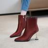 Botas Curtas Bege para Mulheres 2026 Primavera e Outono Novas Botas de Moda Botas de Salto Alto Finas Couro Bico Fino Salto de Taça de Vinho com Strass Versátil