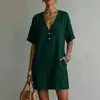Vestido de algodão e linho estilo resort boêmio transfronteiriço europeu e americano para mulheres, 2026, decote V profundo, meio botão, manga curta