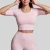 Juyitang Feminino Pêssego Retrô Manga Média Alta Elasticidade Respirável Esportes Fitness Corrida Colado Roupas de Yoga Camiseta