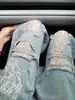 Jeans Rotos de Encaje Azul Claro Talla Plus para Mujer, Estilo Delgado de Verano, Cintura Alta Sueltos, Pantalones Rectos de Pierna Ancha Adelgazantes