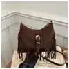 Bolso pequeño cuadrado casual de gamuza estilo coreano para mujer, bolso versátil texturizado con borlas esmeriladas, bolso de hombro y cruzado de nicho de moda