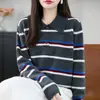 Tricô Listrado Coreano Novo Cor Contrastante Manga Longa Gola Polo Tricô de Lã Design de Outono Casual Solto