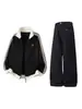 Han Lu Conjunto Deportivo Retro Americano Chaqueta Rayada Bloque de Color Jeans de Pierna Recta Estilo Étnico Bordado Conjunto de Dos Piezas