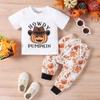 Amazon Halloween Novo bebê e criança abóbora carta manga curta camiseta estampada calças para homens e mulheres terno infantil atacado