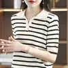 Camiseta feminina de verão nova, gola lapela, color block listrada, malha 100% algodão, corte solto casual, estilo jovem coreano, manga curta