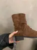 Botas Martin de Ante con Tacón Grueso hasta la Mitad de la Pantorrilla para Mujer Primavera/Otoño 2026 Botas Fruncidas Apiladas para Combinar con Faldas Botines Franceses Cortos
