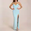 Vestido longo estilo europeu e americano com decote em V e alça franzida para mulheres, fenda, bodycon justo, vestido de festa, atacado transfronteiriço