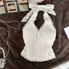 Elegante camisola de renda estilo francês com gola halter para mulheres, peça externa de verão com top tubinho V-neck floral tridimensional