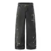 L836 Estilo Americano High Street Unisex Gama Alta Lavado Vintage Hecho a Mano Diseño de Salpicaduras de Tinta Jeans Rectos Sueltos para Hombre