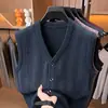 Colete de bolso jacquard com gola V moderno para homens, jaqueta de tricô, colete de alta qualidade para negócios casuais para homens de meia-idade e idosos