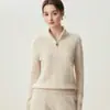 Suéter de Cashmere Feminino 100% Puro com Gola Alta e Zíper Parcial, Tricô em Ponto Trançado, Estilo Old Money, Solto, Casual, Preguiçoso