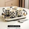 Juego de Tazas de Cerámica Color Crema Estilo Hepburn Francés de Alto Valor Estético, Combinación de Tazas para Café con Leche, Vasos Altos