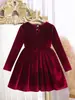 Vestido de princesa de terciopelo y malla color vino tinto para niña, nueva colección otoño/invierno 2026, vestido infantil con cuentas y un gran lazo, perfecto para cumpleaños