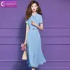 Vestido Camisero Azul Original Feimengyi para Mujer, Manga Corta, Estilo Francés de Verano, Sencillo y Elegante, Ceñido a la Cintura, Vestido Midi Plisado