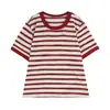 ALINDM Top Holgado Adelgazante Talla Grande para Mujeres de Talla Grande, Estilo Coreano Relajado Camiseta de Punto Rayada de Manga Corta para Mujer 100kg