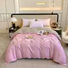 Suave juego de ropa de cama de lujo con estampado floral rosa, tela cepillada de doble cara engrosada, fresco y dulce, adecuado para todas las estaciones en el dormitorio